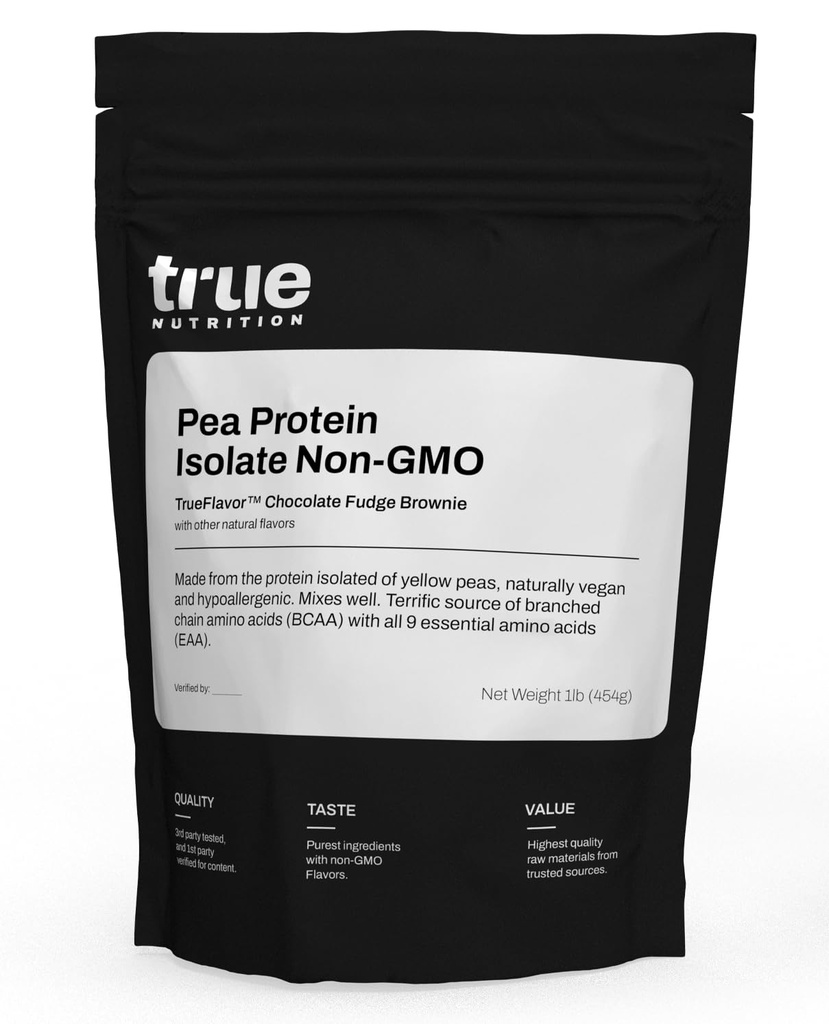 True Nutrition Pea Protein Powder Isolate - 25g Non-GMO Vegan Protein Powder per Serving - Niskie węglowodany, Niski Tłuszcz, Wysoka Leucyna - Gluten Free, Dairy Free, Soy Free - Czekoladowe Fudge Brownie - 1LB