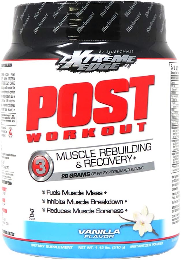 Bluebonnet Nutrition Extreme Edge Post Workout Protein Powder, Krowy karmione trawą, 28 Gramy białka, No Sugar Added, Gluten Free, Soy Free, Kosher Dairy, 1.12 lb, 12 Sług, Vanilla Flavor