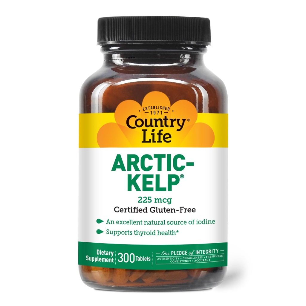 Country Life Arctic- Kelp - Natural Jod Supplement for Thyroid and Immune Supplement - Wegan, Gluten- Free, 225 mcg - Idealny dla Thyroid Health, Niedoczynność tarczycy, i Wspieranie nadnerczy, 300 Tabletki