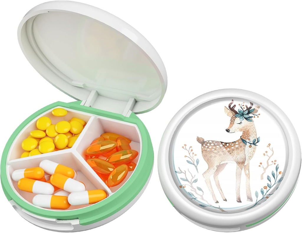 Serfeymi Small Pill Box - 3 Komory Przenośne Pill Box do kieszeni torebki, Compact Mini Travel Pill Case - Nadaje się do medycyny, Witamina, Olej rybny, Suplementy - Biały (Jeleń)