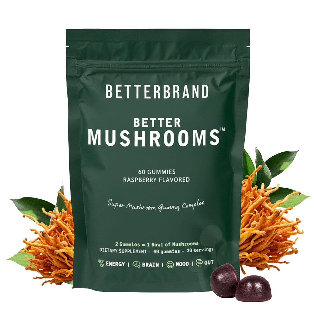 Betterbrand BetterMushrooms Gummies Nootropowe - Pomaga lepiej Gut Health, Funkcje poznawcze, Jasność mentalna z 10 Funkcjonalnych Mushrooms - 60 Gummies - Malina Flavor - Opakowanie 1