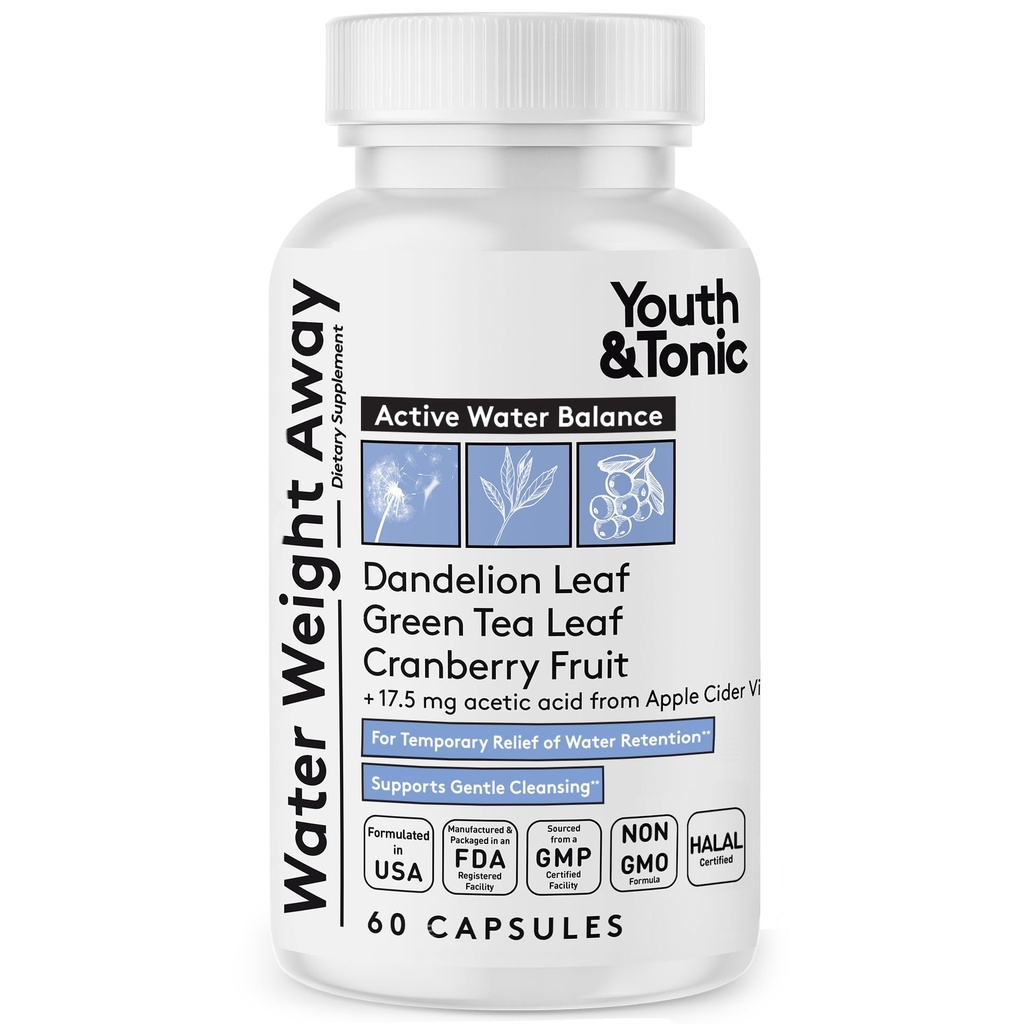 Młodzież & Tonic Natural Water Weight Away - Herbal Diuretic Pills for Bloating, Zatrzymanie wody i Opuchlizna Wsparcie dla kobiet i mężczyzn - 60 Czapki z Dandelion, Potas, Zielona herbata i jabłko Cydr Ocet
