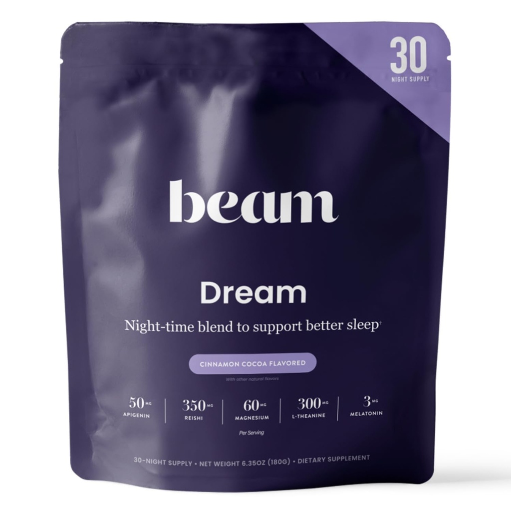 Beam Dream Sleep Powder, L- Theanine, Apigenin, Reishi i Magnezu, Strona trzecia Tested Natural Sen Pomoc i suplement do snu dla głębokiego snu, Relaks i Recovery, Natural Sleep Support, 30 Służenia