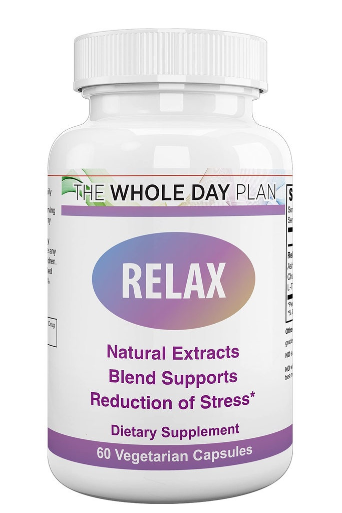 Relax - Suplement wsparcia, Natural Stress Relief z Ashwagandha, Rumianek, L- Theanine pomaga Masz być spokojny, skupiony i poprawia lepszy sen, 60 kapsułek