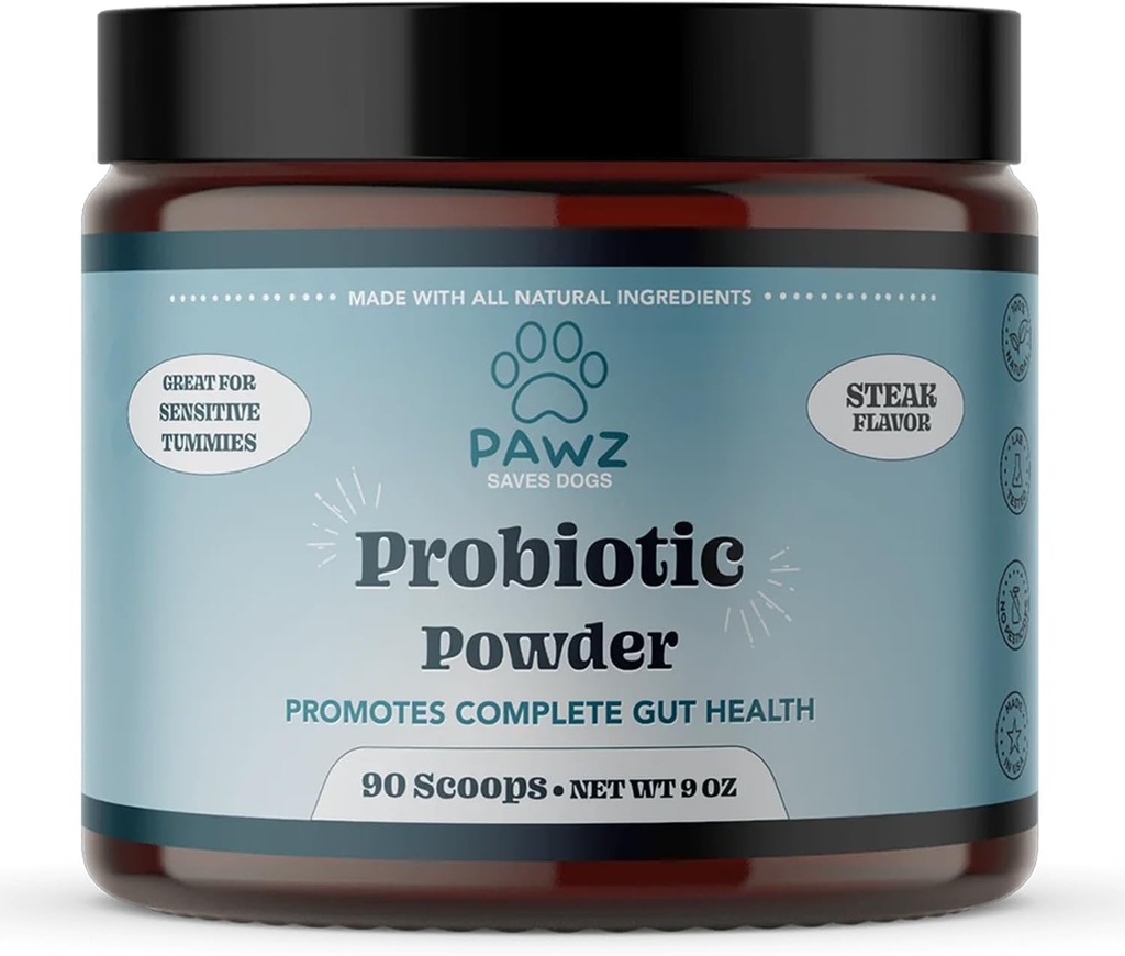 PAWZ Probiotyczny proszek dla psów - 90 Scoops Stek Flavor - Promotes Gut Zdrowie i trawienie - Probiotyki Suplement Wsparcie immunologicznego systemu i skóry i Coat Health - Nadaje się do wszystkich rodzajów psów