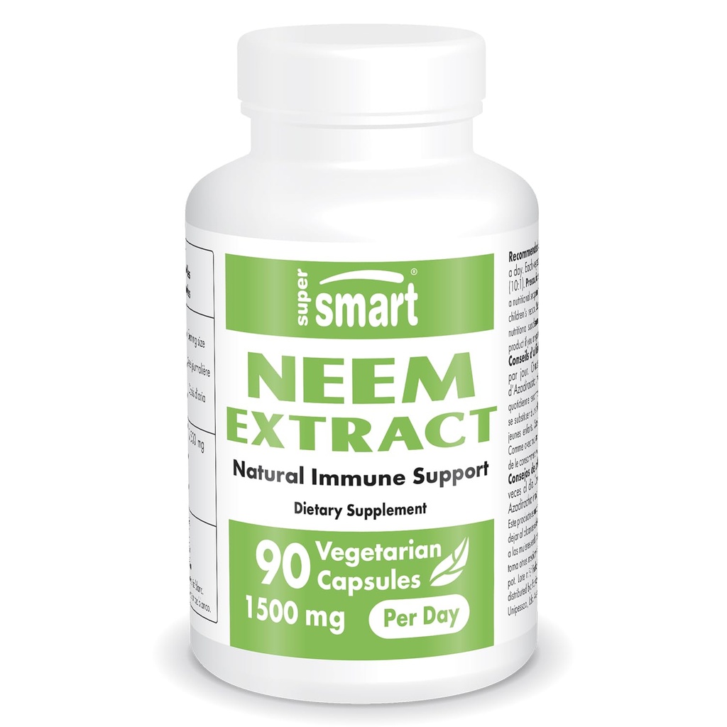 Supersmart - Neem Extract 1500mg per Day - Azadirachta Indica Leaf Oil Extract - Neem Supplement Supplement Detergent 124; Non- GMO & Gluten Free - 90 Kapsułki wegetariańskie
