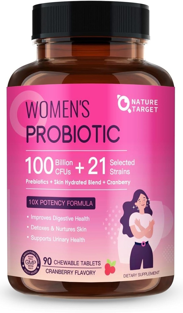 NATURE DOCELOWE Probiotyki dla Kobiet Digestive Health z 100 Miliard CFU, Kobiet Probiotyk dla Gut Health & Immune Support, Opieka skóry, Żurawiny i D- mannoza, 90 Tabletki do żucia (45 Day Supply)