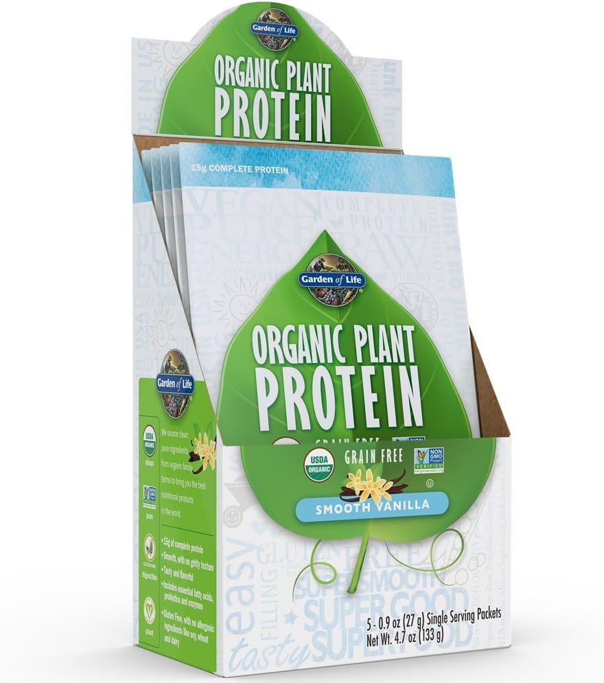 Ogród Organic Plant Protein Smooth Vanilla Powder - Pojedyncze opakowania (5- Pack) - Wegan, Ziarno i Gluten Free Plant Based Protein Wstrząśnij z 1B CFU Probiotyki i enzymy, 15 g białka