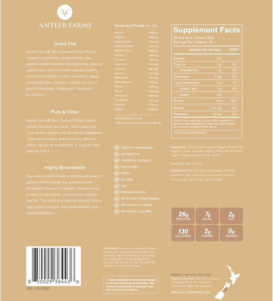 Antler Farms - 100% trawa karmiona Nowa Zelandia Izolat białka serwatki, Masło orzechowe Czekoladowy Flavor, 2 lbs - Czysty i czysty, 7 Składniki, Cold Processed
