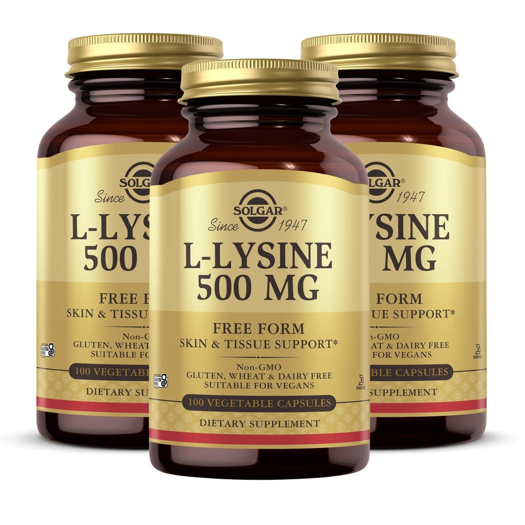 Solgar L- Lysine 500 mg - 100 Kapsułki warzyw, Opakowanie 3 - Wsparcie skóry i tkanki - Non-GMO, Wegan, Kosher, Gluten Free - 300 Razem Sługi