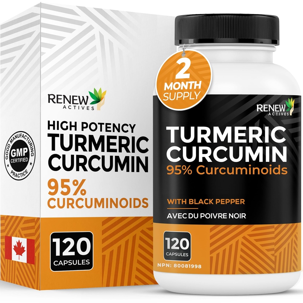 Renew Actives Turmeric Curcumin with Black Pepper - 600MG Turmeric Root, 100MG Curcuminoids per 2 Kapsułki - Wsparcie trawienia, Zdrowie wątroby, Joint Relief & Mobilność - Made in Canada - 120 Kapsułki