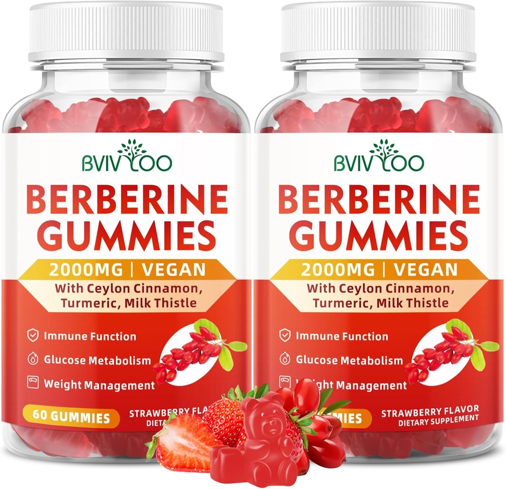 2 Opakowania Berberine Gummies, Sugar Free 2000mg High Potency Berberine HCI suplement, Plus Ceylon Cynamon, Ostrze mleka dla kobiet i mężczyzn, System immunologiczny i wsparcie metabolizmu - 120 Gummies