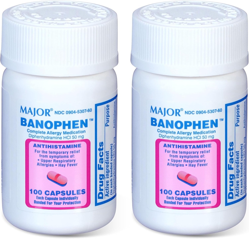 MAJOR Banohpen - Kompletny lek uczuleniowy - Difenhydramina HCI 50 mg - Antyhistamina - 100 kapsułek (2 opakowania)