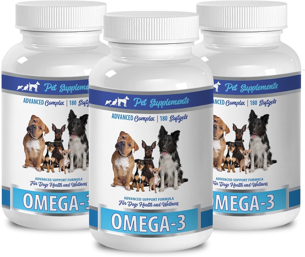 PET SUPPLEMENTY & NUTRITION LLC Skin and Coat Wet Dog Food - Dog Omega 3 Essential Fatty ACIDS - Advanced Formula - Hair and Coat Health - Naturalne - Pies przeciwzapalny - 3 Butelki (540 Softgels)