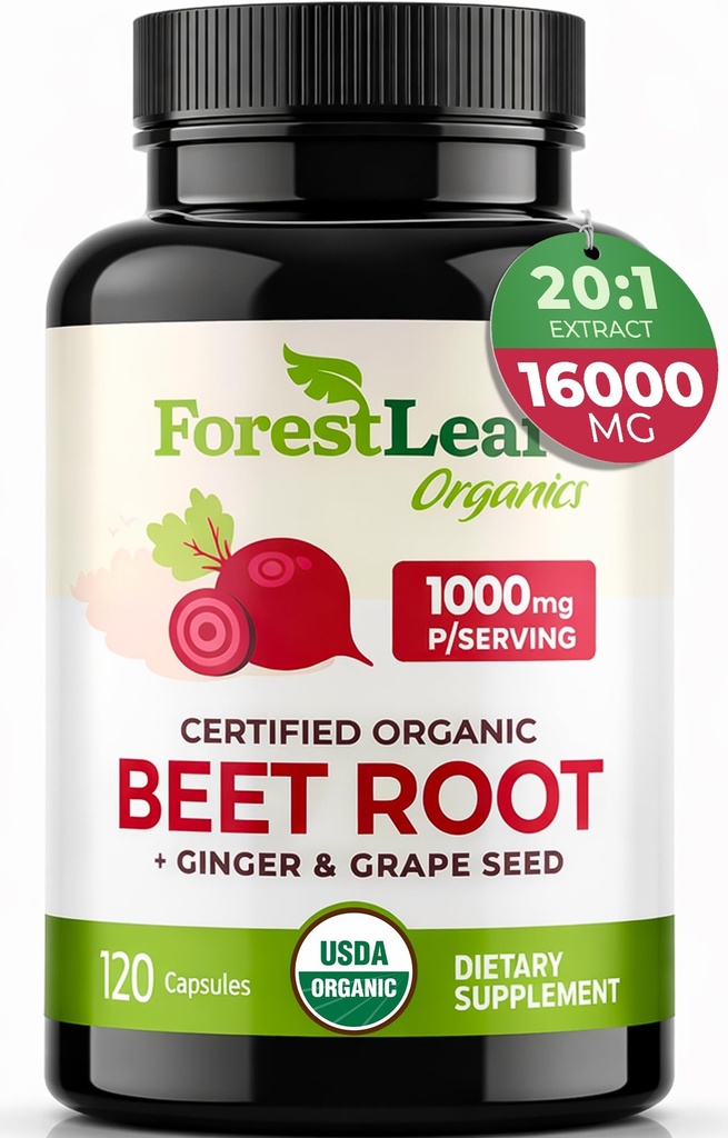 ForestLeaf Organic Beet Root Kapsułki - Suplement buraczany 16000mg Siła 20: 1 Pigułki ekstrakcyjne w / Ginger Grape Seed Sign 124; Support Blood Pressure, Nitric Oxide, Flow, Circulation Sign 124; Butelki w proszku - 120 Czapki