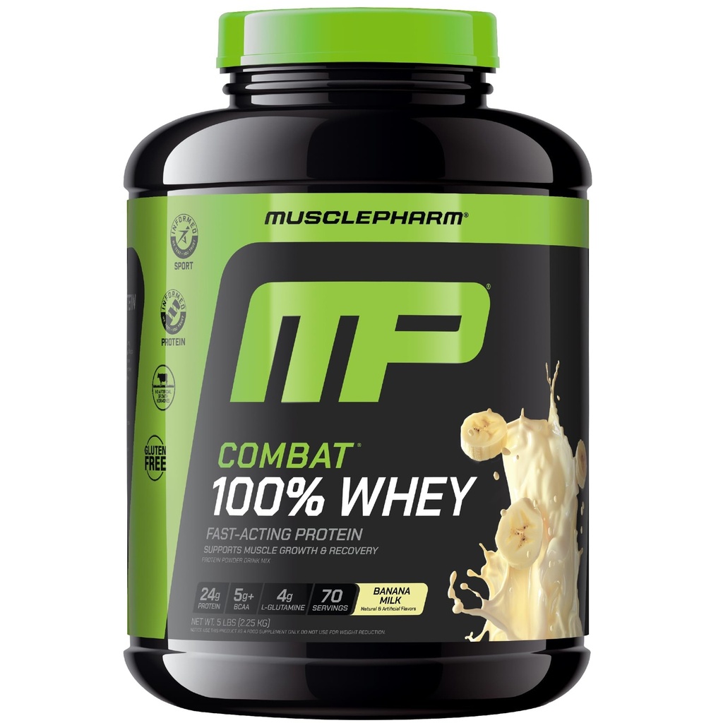 MusclePharm Combat 100% Proszek z białka serwatki, Smak mleka bananowego, Szybka regeneracja i Zysk mięśni z izolatem białka serwatki, Wysoki Proszek proteinowy dla kobiet i mężczyzn, Gluten wolny, 5 lb, 70 Służenie
