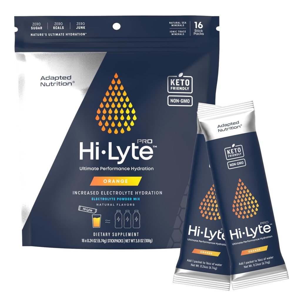 Dostosowany pakiet odżywczy Hi- Lyte Pro Hydration - 16 indywidualnych pakietów napojach do napojów 124; Pomarańczowy 124; Pomarańczowy proszek do elektrolitów zapachowych 124; Bezcukrowy, Zero Carb, Zero Calorie