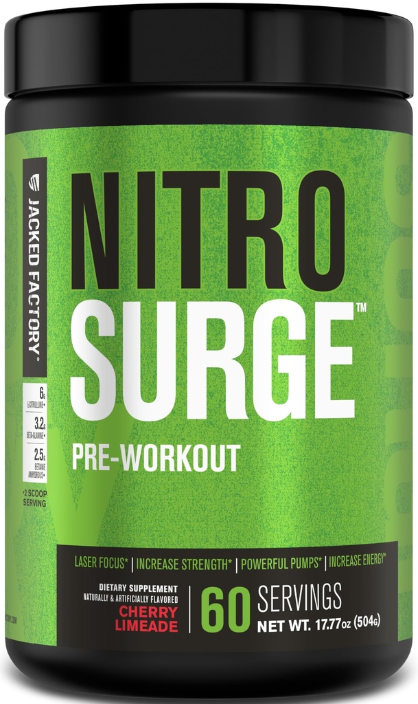 Jacked Factory NITROSURGE PreWorkout Supplement - Endless Energy, Instant Siła Zyski, Clear Focus, Intensywne pompy - NO Booster & Potężny Prettenment Energy Powder - 60 Służenia, Cherry Limeade