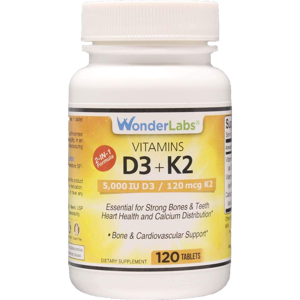 Wonder Laboratories Witamina D 5000 j.m., Witamina D3 + K2 Wsparcie zdrowego systemu immunologicznego, Zasadnicze dla silnych kości, Heart Health, i dystrybucji wapnia, 120 Tabletki