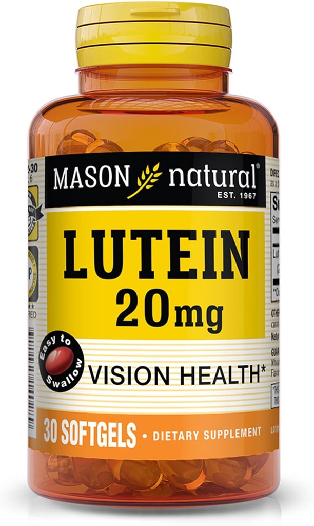 MASON Natural Lutein 20 mg z witaminą E - Zdrowe widzenie i funkcje oczu, Wspomaga zdrowie oczu, 30 Softgels