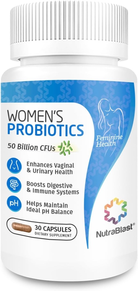 NutraBlast Probiotyki waginalne dla kobiet Digestive, Intimate Balance, UT & Vaginal Health - 50 Miliard CFU - 6 Szczepów, Prebiotyki, Ekstrakt żurawinowy & D Mannose - Womens Probiotic (30 Hrabia)
