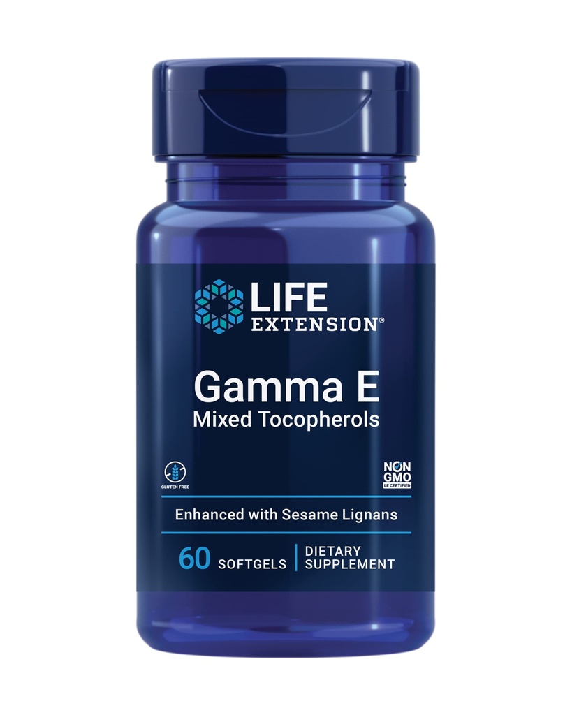 Rozszerzenie życia Gamma E Mieszane Tokoferole, Zdrowe Starzenie, Suplement witaminy E, Wzmocnione lignanami sezamu, Gluten- Free, Non-GMO, 60 softgels