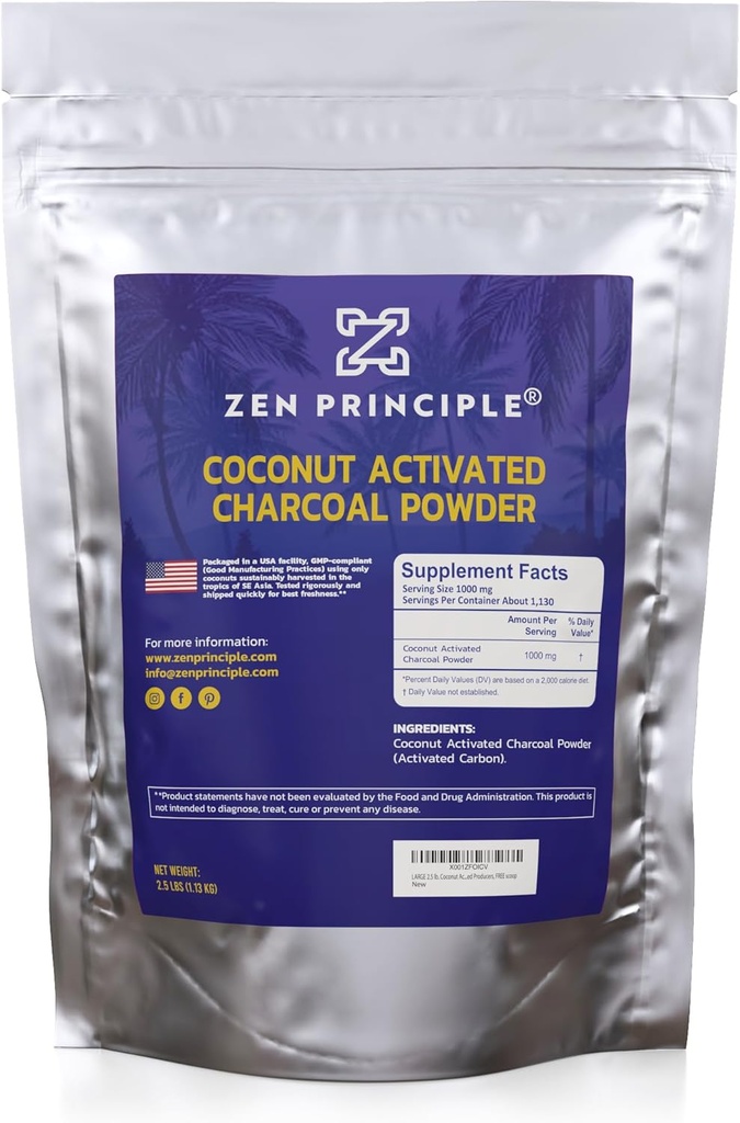 Zen Principle Coconut Aktywowany Węgiel Proszek. Whitens Zęby, Odmładza Skóra i Włosy, Wspiera Lepsze Spożywanie. USA- owned Producers, 2,5 lb
