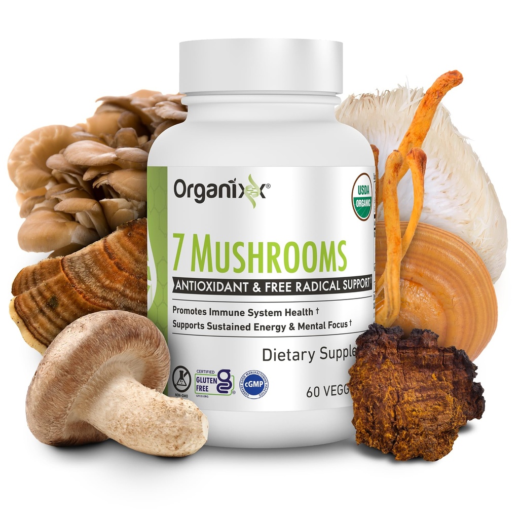 Organixx USDA Organic Mushroom Supplement, 7 Fermented Mushrooms – Lions Mane, Shiitake, Cordyceps, Turkey Tail, Reishi – for Immune & Digestion Support, 60 Vegetarian Capsules
