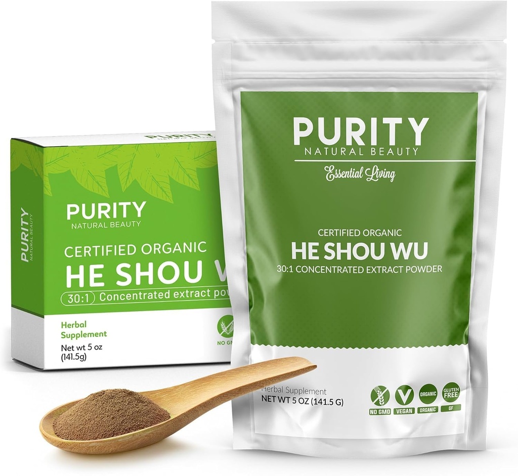 Certified Organic He Shou Wu - Duży 5oz Bag 30: 1 Koncentrated Fo- ti - Organic Foti Extract- Fo ti He Shou Wu Organic- Plus Free Bamboo Spoon