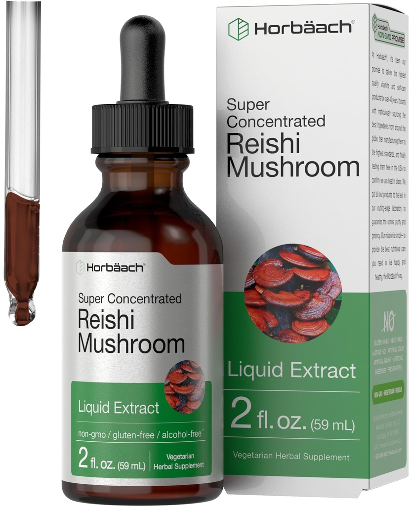 Horbäach Reishi Mushroom Extract Tincture Oz 124; 2 Fl Oz 124; płynne krople 124; Ganoderma Lucidum 124; wegetarianin, Alkohol wolny 124; Non- GMO, Gluten