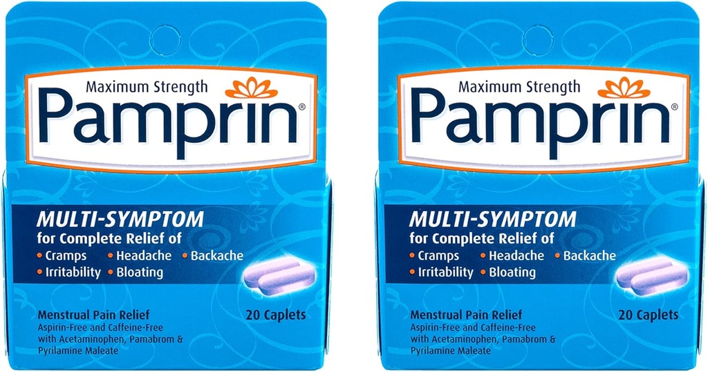 Formuła Pamprin Multi- Symptom, z acetaminofenem, menstruacyjne objawy ulgi w tym skurcze, ból, drażliwość i wzdęcia, 20 Kapsułki (Opakowanie 2)