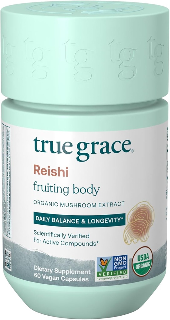 Prawdziwa Grace Mushroom Reishi Codzienna równowaga i długowieczność - 60 Count kapsułki - Organic