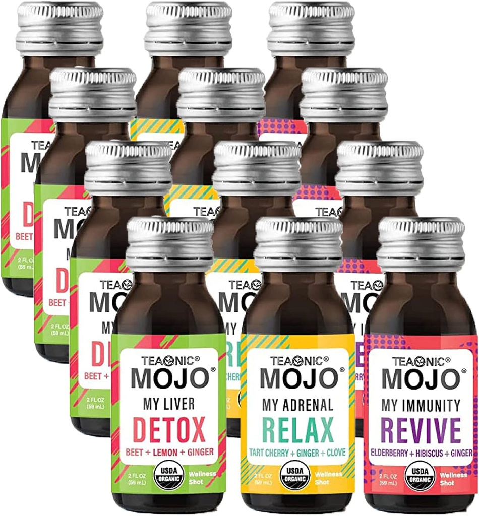 TEAONIC Wellness Shots - Variety Pack: Relax, Revive, Detox Shots, USDA- Certified Organic Wellness Shots, 12 Pack, 2 Fl. Oz Każdy