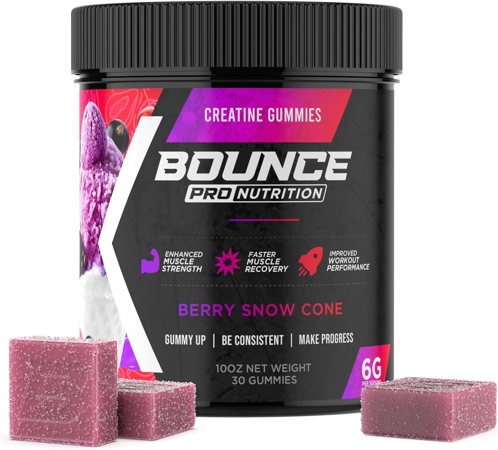 Bounce Pro Gummie Monohydrat Creature dla mężczyzn i kobiet, Niskie kalorie, 6G Kreatyny na Serving, Wegan, Przeciwstopowe, Bezglutenowe, Non-GMO, 2g Kreatyny na Gummy (30ct, Berry Snow Cone)