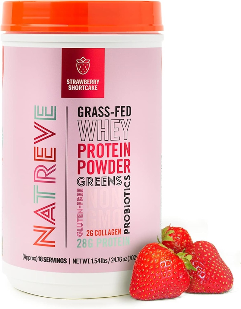 Natreve Protein z serwatki w proszku - 28g Grass- Fed Protein z Acids Amino, Probiotyki i Kolagen - Gluten Free Truskawki, 18 Służenie