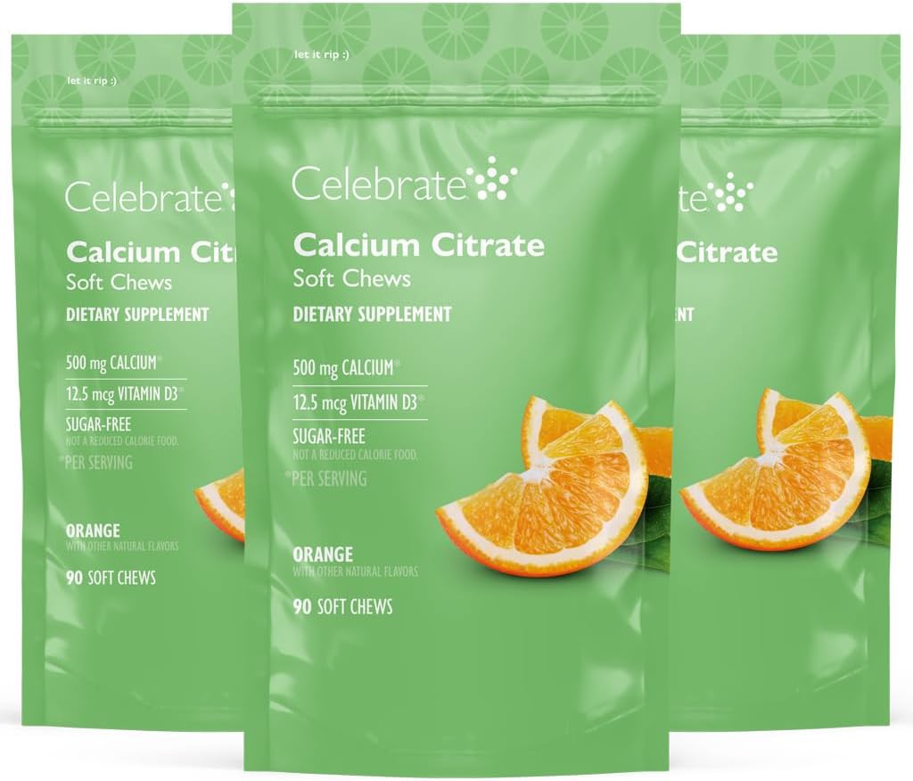 Świętuj Witaminy Bariatryczne 500 mg Wapnia Citrate Soft Chews z 500 IU Witamina D3 - Zasadnicze dla pacjentów z obejściem żołądka i kości Zdrowie - Cukier & Gluten Free, Pomarańczowy (270 Chews)