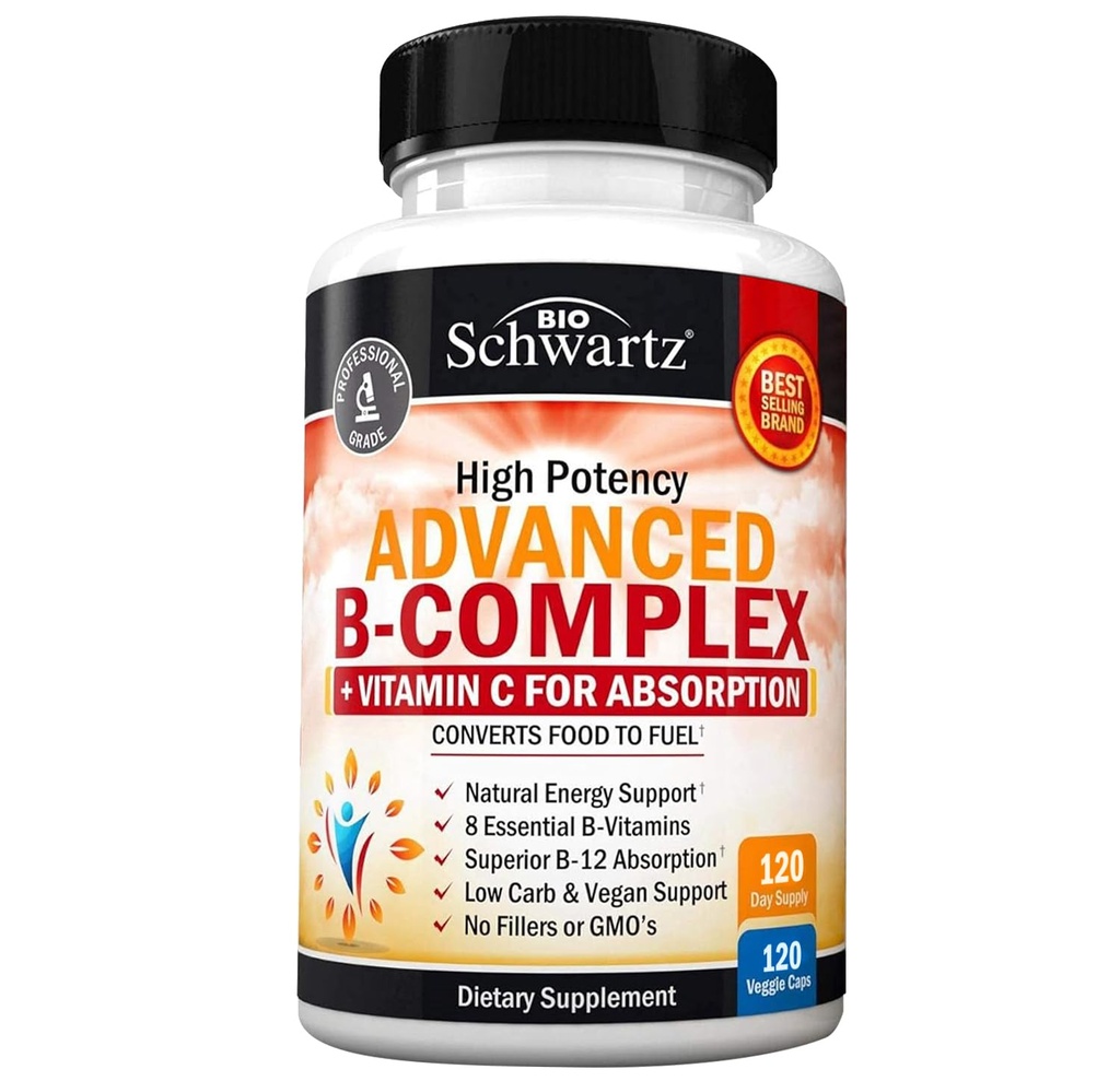 Witamina B Kompleks z witaminą C dla maksymalnej absorpcji - Metylokobalamina b12 & Folate Folic Acid Supplement - B1 B2 B3 B5 B6 B7 B9 dla immunologicznej energii i wsparcia układu nerwowego - Non-GMO, 120 liczba