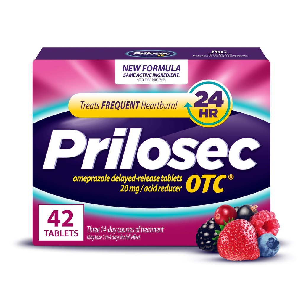 Prilosec Overline, Omeprazole Opóźnione wydanie 20 mg, Reduktor kwasu, Leczenie często Heartburn dla 24 Hour Relief, All Day, All Night *, Heartburn Medicine, 20 mg, Wildberry Flavor, 42 Tablets