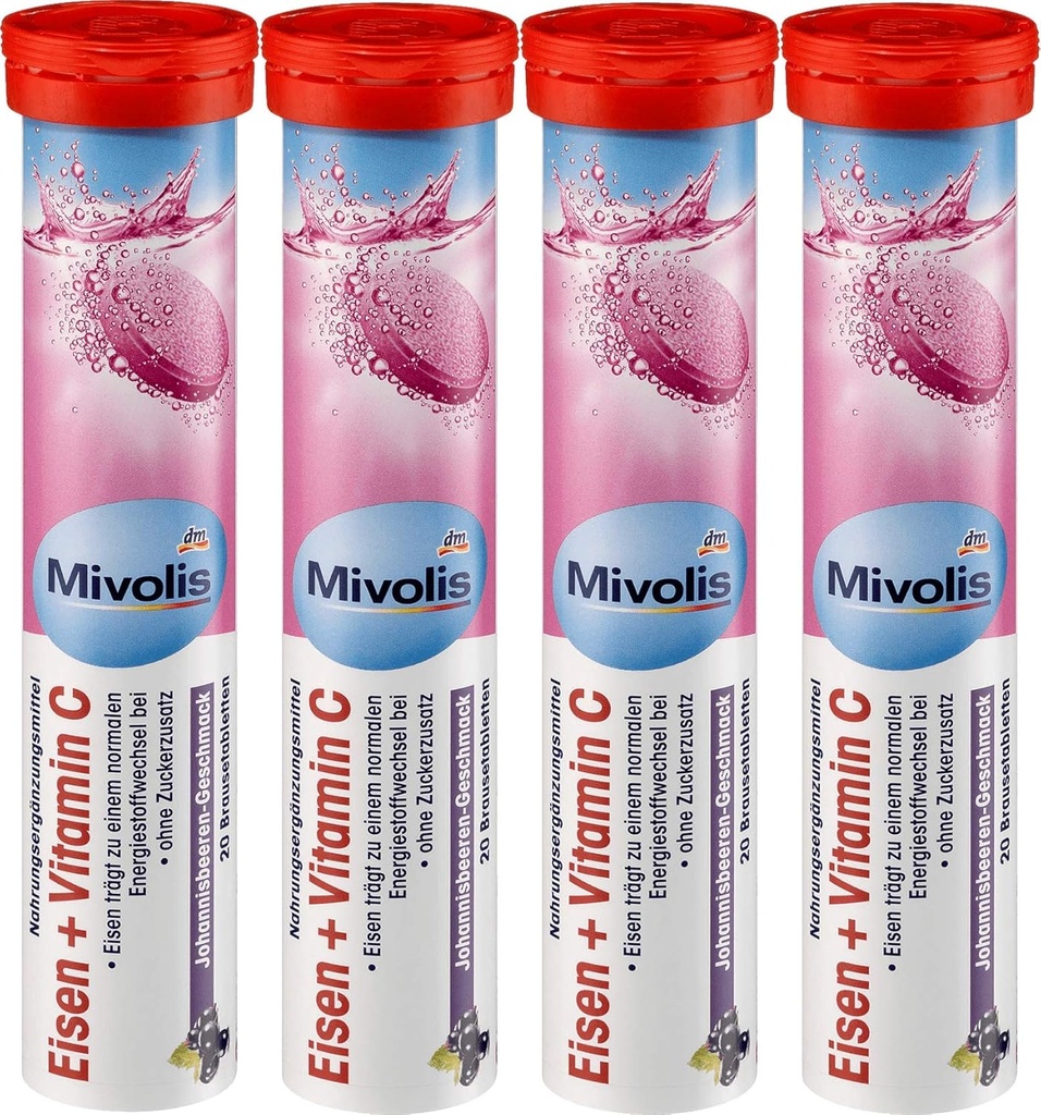 Mivolis Żelazo + Witamina C tabletki musujące - Suplementy diety 4 Opakowania x 20 szt. 124; Niemcy
