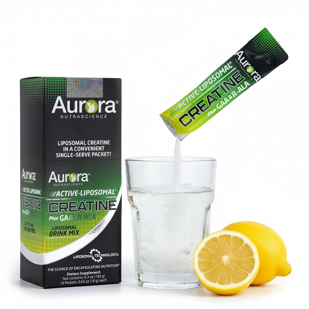 Aurora Nutrascience Liposomalne Kreatyna + GAA i R- ALA Lemon Lime w proszku napój, Zwiększona energia, Wspiera wydajność ćwiczeń i wzrost mięśni dla Wowen i mężczyzn, 10 Pakiety