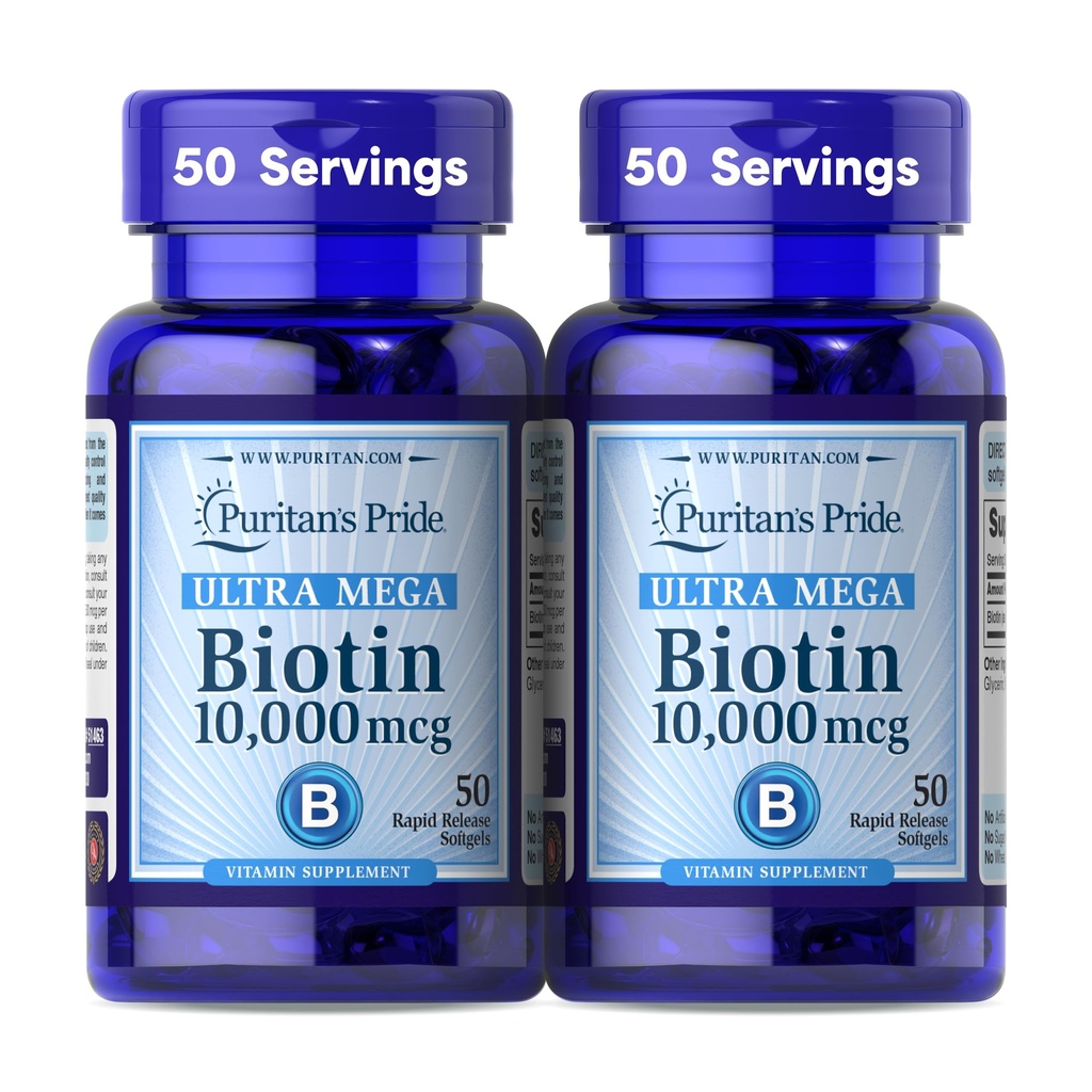 Puritan Pride Premium Ultra Mega Biotin 10,000mcg, Suplement diety dla zdrowych włosów, skóry, paznokci i wsparcia metabolizmu energii, 100 Day Supply, 50 Softgels szybkiego wydania, 2 Pack