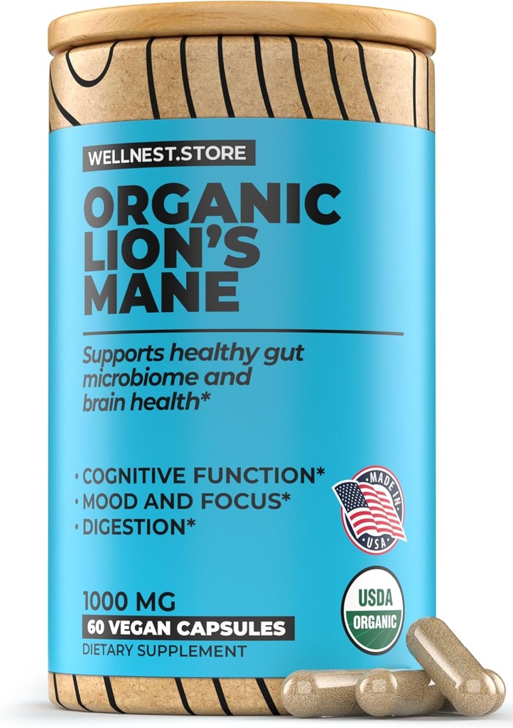 Lions Mane Mushroom Organic Supplement (Hericium Extract) 60 Veggie Caps - Immune Supplement Supplement; Poprawa funkcji kognitywnych + Promowanie witalności, Chronić komórki nerwowe