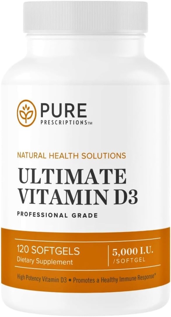 Pure Prescriptions Ostateczna witamina D3- 5000 IU - Wysoka absorpcja witaminy D Suplement do promowania zdrowych kości z układu immunologicznego i wsparcia sercowo-naczyniowego - 120 Softgels - USA Made