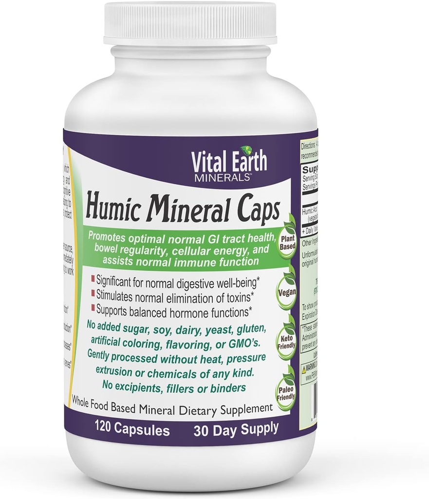 Vital Earth Minerals Humic Minerals kapsułki - 70 + Ślady Minerałów z naturalnie występującym kwasem Fulvic, Alkalizujący suplement mineralny do detox, Gut Health, Wellness, 120 Hrabia