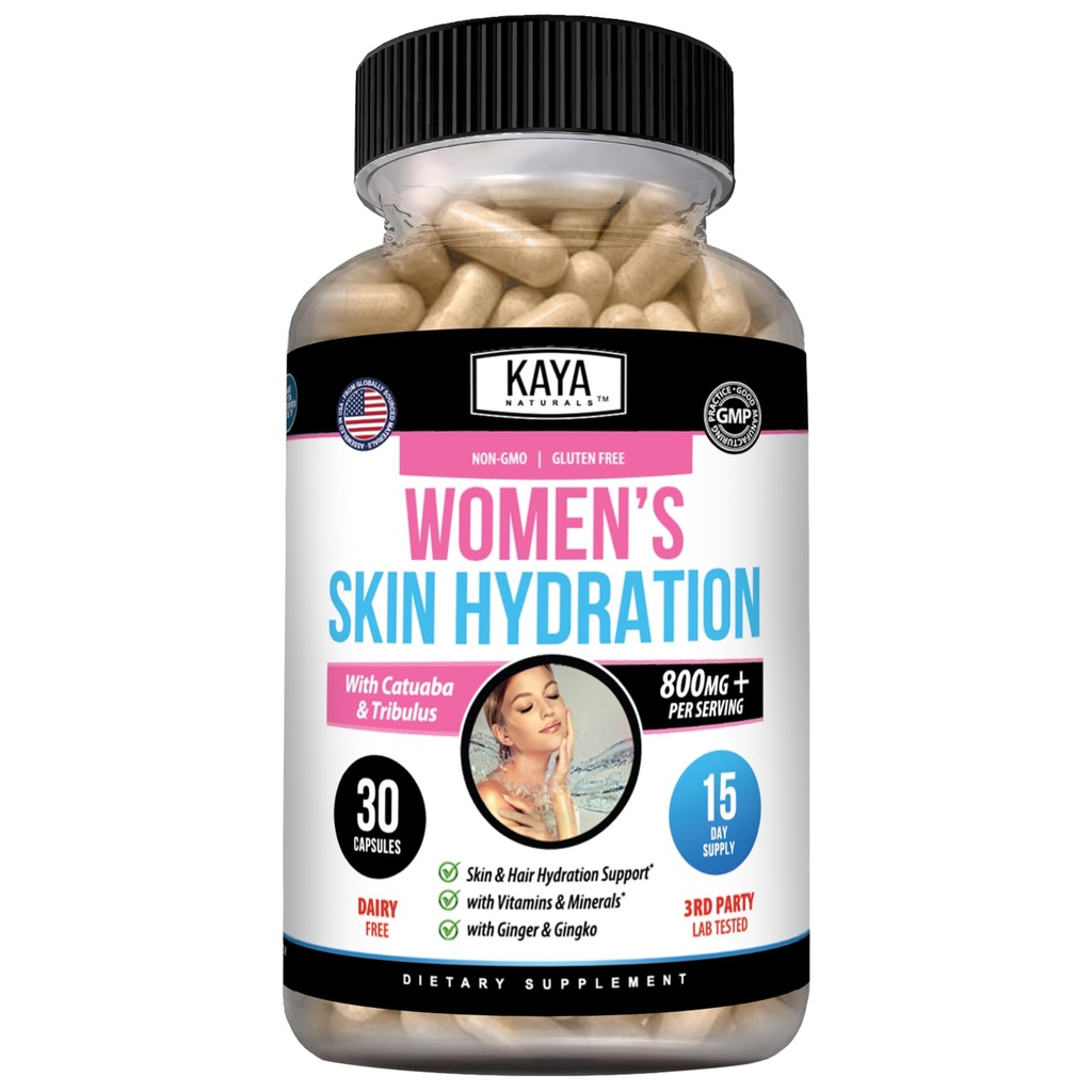 Kaya Naturals Hydration Witaminy skóry - Pigułki żeńskie - Wzmocnienie skóry Kapsułki - Hydration Booster dla kobiet - Promotes Zwiększona energia, Mood & Stamina - Redukcja sucha - 30 Kapsułki wegetariańskie