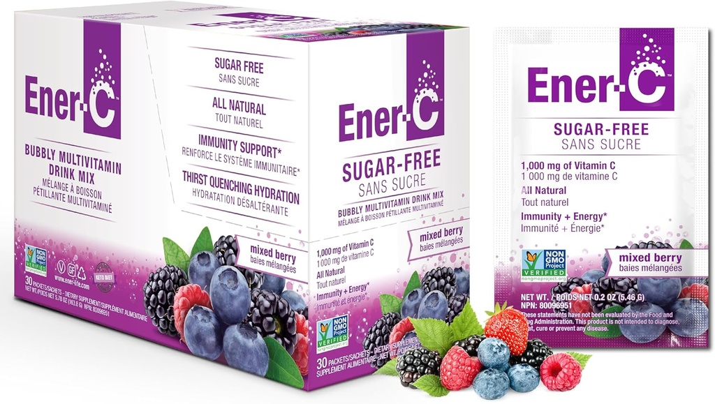 Energia-C Bezcukrowa Energia Mieszana Berry Multivitamin Drink Mix Witamina C 1000mg & Elektrolity - Naturalne wsparcie odporności z prawdziwych owoców Sok proszki Non-GMO Wegan & Gluten Free - 30 Count