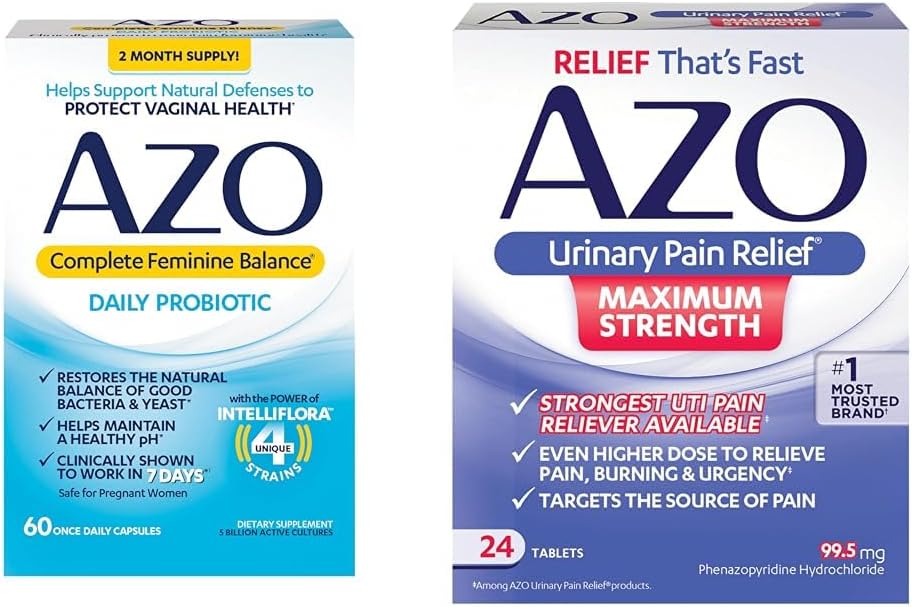 AZO Kompletna równowaga żeńska codzienne probiotyki dla kobiet, Klinicznie udowodnione, aby pomóc chronić zdrowie pochwy i ból moczowy Ulgi maksymalnej mocy 124; Szybkie złagodzenie bólu UTI, Burning & Pilny