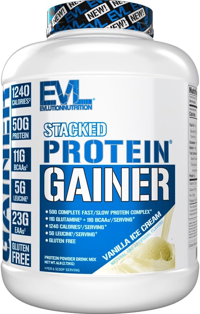Evlution Nutrition Stacked Protein Gainer, 50 Grams Protein Powder Complex, 251 Grams Węglowodany, Budować mięśnie, Odzysk, Post Workout, Gluten- Free (Vanilla Ice Cream, 6 LB)