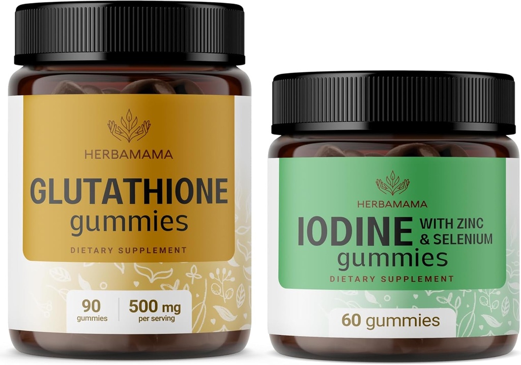 HERBAMAMA Glutation and Iodine Kit - Bundle of 500 mg Reduced L- Glutathione & Potase Iodine Gummies - Vegan, Non-GMO, Żelatin- Free - 2 Pack