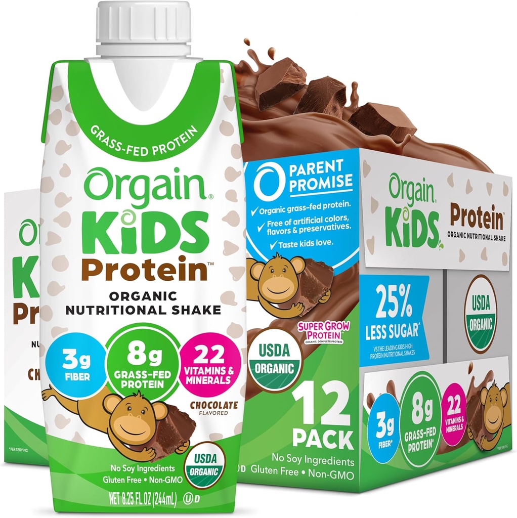 Orgain Organic Kids Protein Nutritional Shake, Czekolada - 8g białka, 22 witaminy i minerały, owoce i warzywa, Gluten Free, Soy Free, Non-GMO, 8.25 Fl Oz (Opakowanie 12)